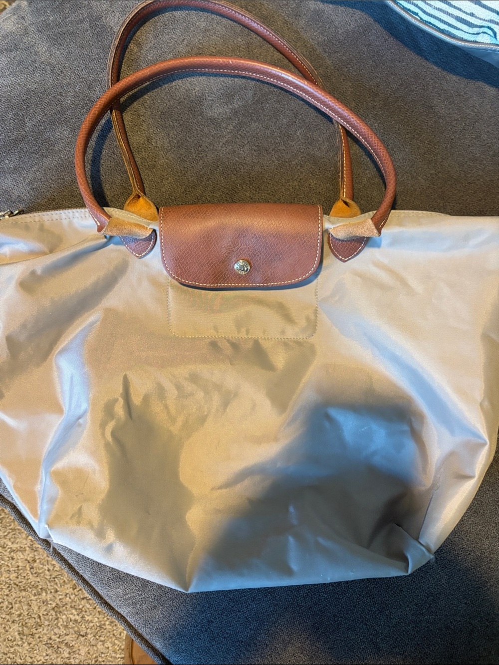 Longchamp Grey large Nylon Tote with Brown Leather Trim